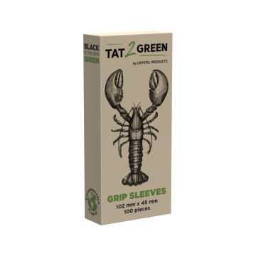 Box of 100 Tat2Green black biodegradable grip sleeves with lobster design.