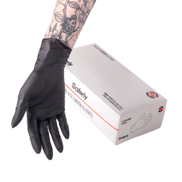 Box mit 100 Saferly schwarzen Latexhandschuhen - Karton mit 10 Boxen