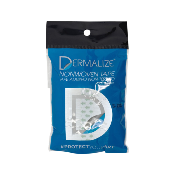 Un emballage de rouleau de ruban Dermalize - 5 cm x 19,4 m, présentant un marquage bleu et noir, un texte blanc en gras, une découpe affichant le ruban et « #PROTECTYOURART » imprimé en bas de l’emballage.