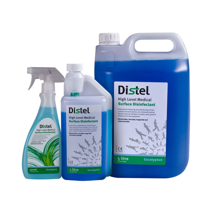 Distel High Level Medical Surface Disinfectant bottles in 500ml, 1 litre, and 5 litre sizes with eucalyptus scent