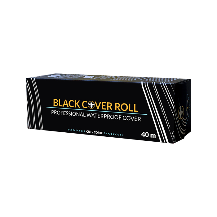 Une boîte rectangulaire étiquetée Hornet Black Cover Roll - Film protecteur professionnel imperméable - 40 m x 32 cm, avec un dessin noir, un texte blanc et jaune, des lignes blanches incurvées et une petite icône de ciseaux.