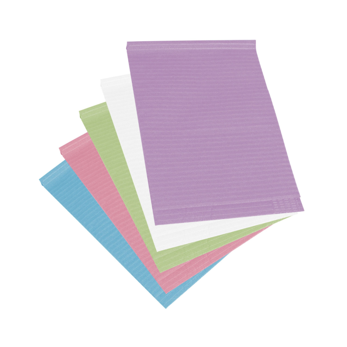 Assorted colored lap cloths in blue, pink, green, white, and purple stacked.