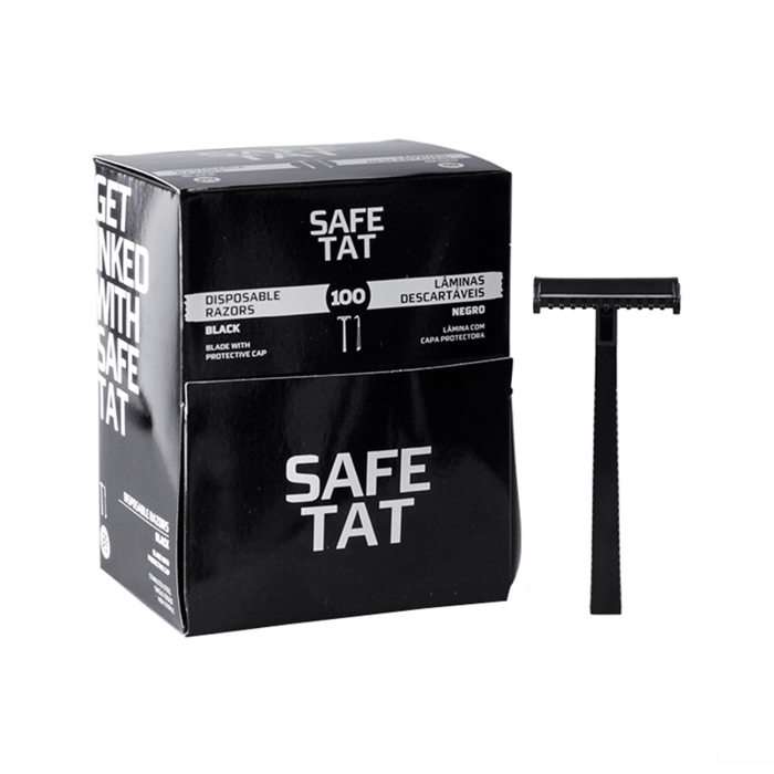 Box of 100 Safe Tat black disposable razors with protective caps displayed.