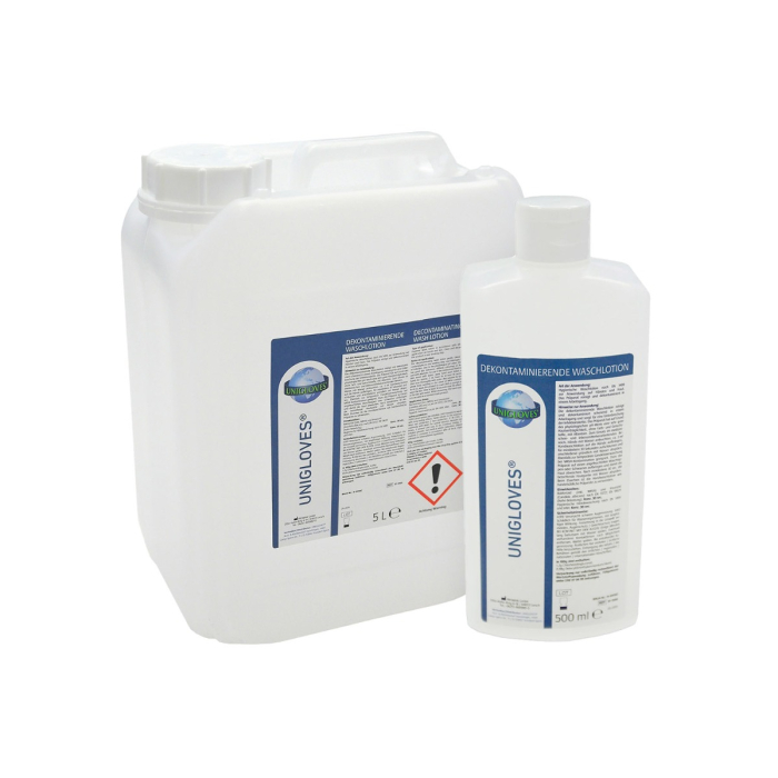 Deux récipients blancs de lotion lavante décontaminante Unigloves : un grand bidon de 5 L portant un symbole de danger et un plus petit flacon de 500 ml, tous deux munis d’étiquettes bleues et blanches comportant texte et logos.