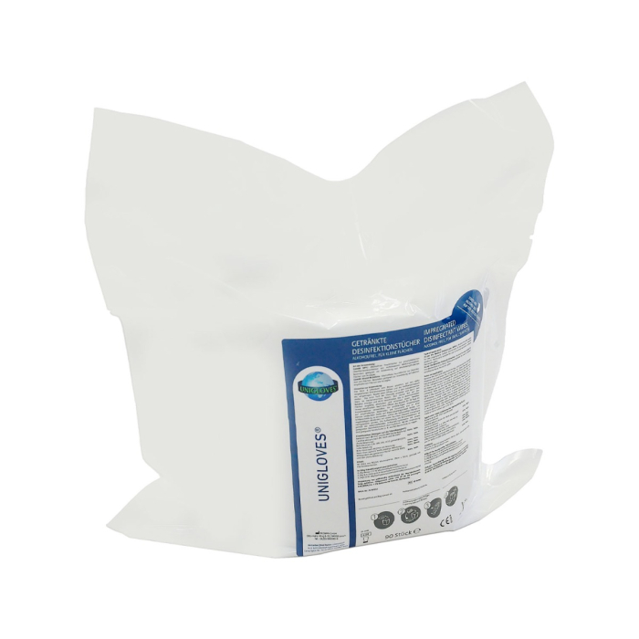 Un emballage en plastique blanc scellé contenant 90 lingettes désinfectantes imprégnées Unigloves (sans alcool, 300 mm x 300 mm), avec une étiquette bleue et blanche affichant les détails du produit, photographié sur un fond blanc.