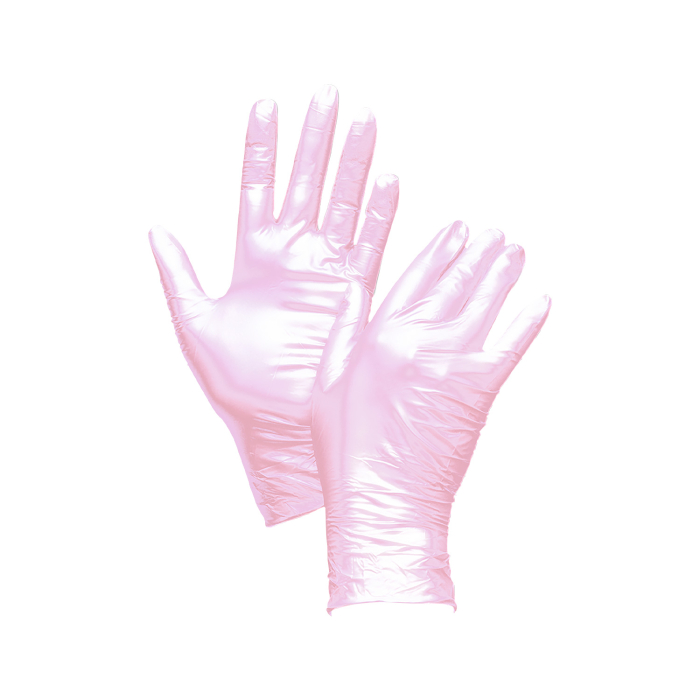 Une boîte de 100 gants jetables en nitrile rose fantaisie de Unigloves, avec une texture légèrement brillante, posée sur fond blanc.