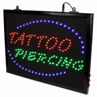 „Tattoo + Piercing“ – LED-Schild zum Aufhängen, mit Kette