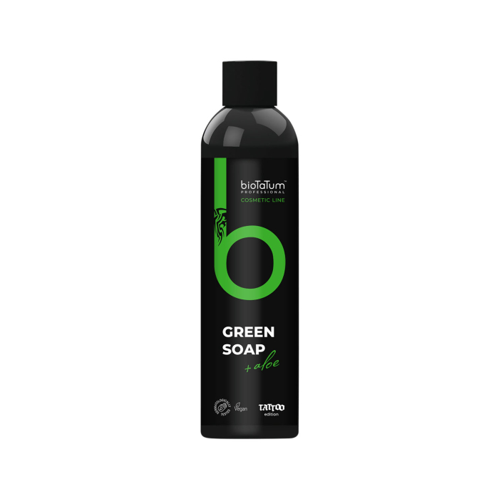 BioTaTum Green Soap with Aloe Vera 250ml black bottle for tattoo care