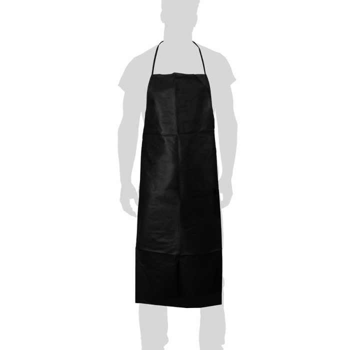 Silhouette d'une personne portant un tablier Boite de 20 Tabliers Noirs Impermables Killer Beauty, long et uni, de couleur noire, avec un collier et des liens à la taille.