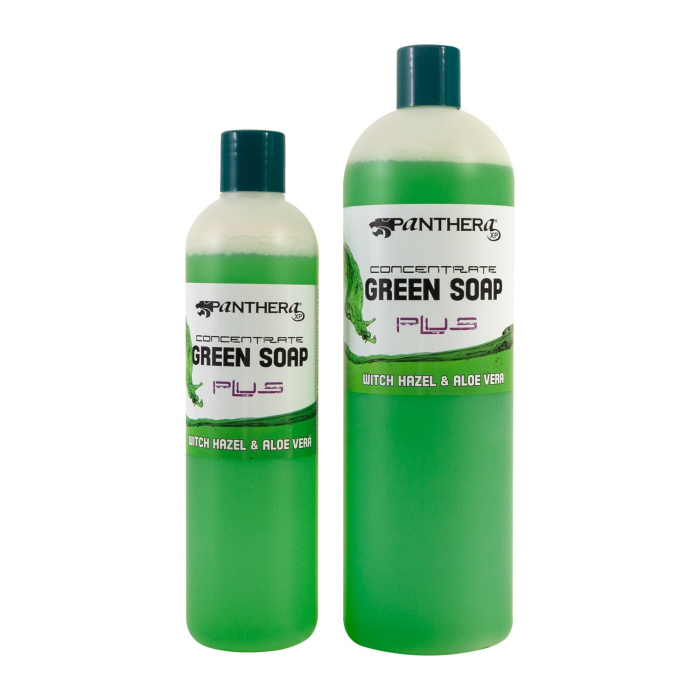 Panthera Green Soap concentrate bottles with witch hazel and aloe vera.