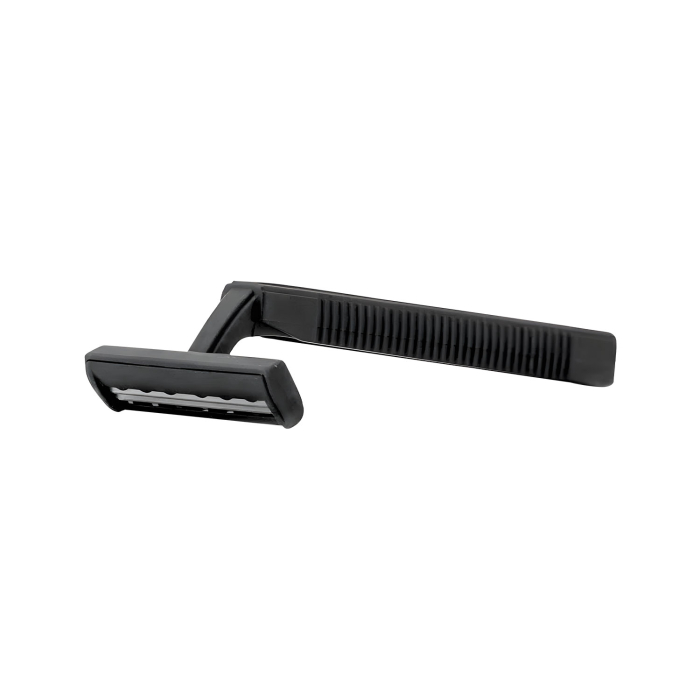 Paquet de 100 rasoirs jetables Saferly à deux lames de couleur noire, chacun doté d’un manche droit nervuré, présenté sur fond blanc.