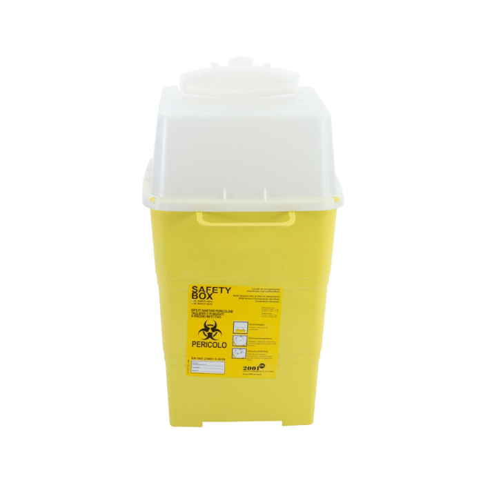 La poubelle pour aiguilles de tatouage Line Sharps 6 L (ISO-23907:2019) est une boîte à déchets médicaux jaune avec couvercle blanc, marquée de symboles de danger biologique et d’étiquettes d’avertissement, idéale pour l’élimination sécurisée des objets t
