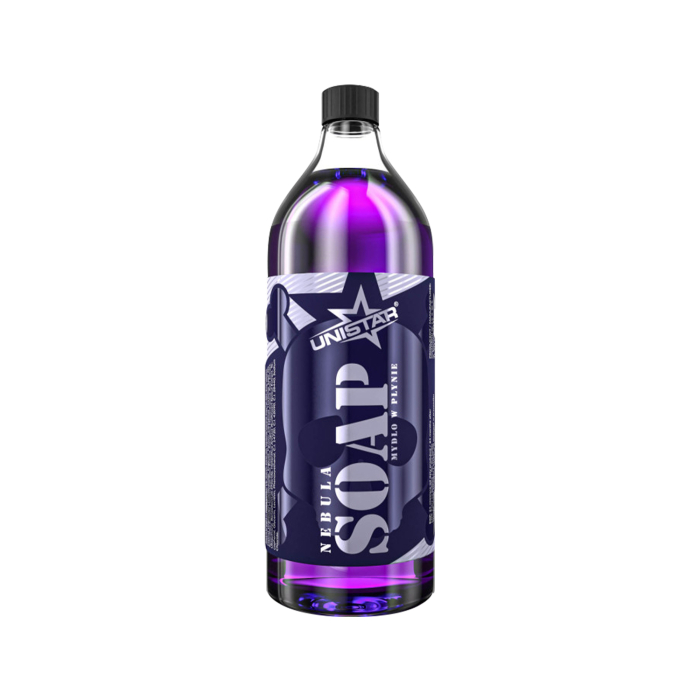 Une grande bouteille transparente d’un litre, remplie d’un liquide violet et étiquetée « Unistar Nebula Savon liquide anesthésique », avec un motif bleu foncé et blanc, posée sur fond blanc..