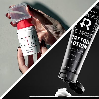 Nahaufnahme von Otzi und Recovery Tattoo Lotion