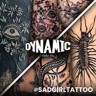 Eine Collage verheilter Tattoos, gestochen mit Dynamic Tattoo Ink von Sad Girl Tattoo (Jasper Jarvis)
