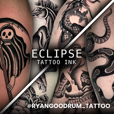 Eine Collage verheilter Tattoos, gestochen mit Eclipse Tattoo Ink von Ryan Goodrum