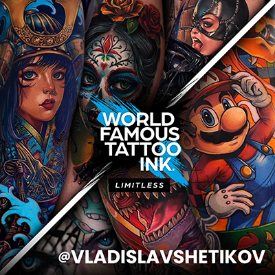 Eine Collage verheilter Tattoos, gestochen mit World Famous Tattoo Ink von Vladislav Shetikov