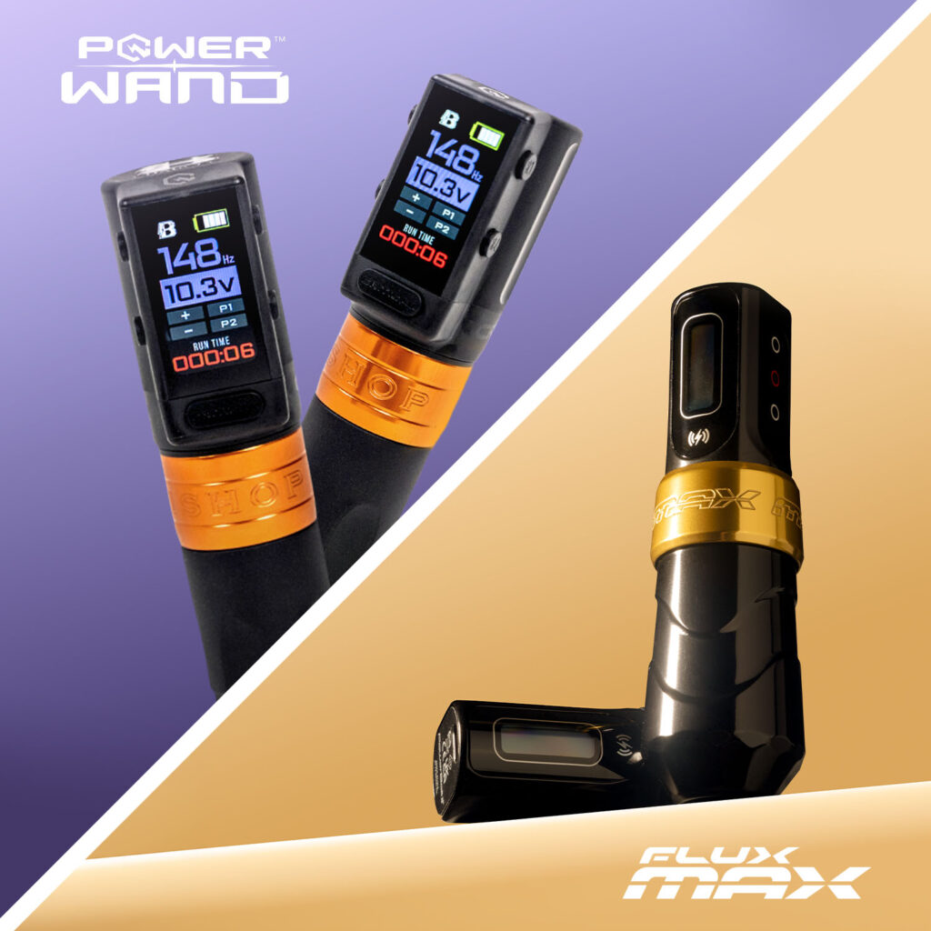Die Bishop Power Wand Tattoo-Maschine mit violettem Hintergrund und die FK Irons Flux Max Tattoo-Maschine mit goldenem Hintergrund.