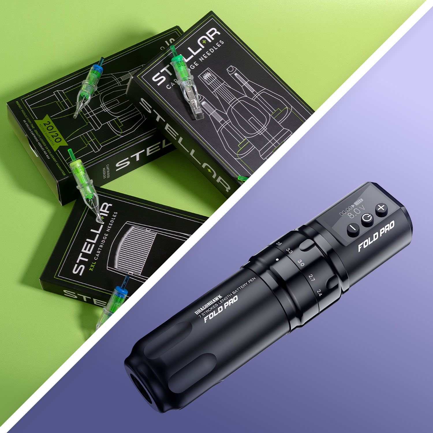 Verpackungen mit Peak Stellar Cartridges und der Dragonhawk Fold Pro Tattoo-Maschine