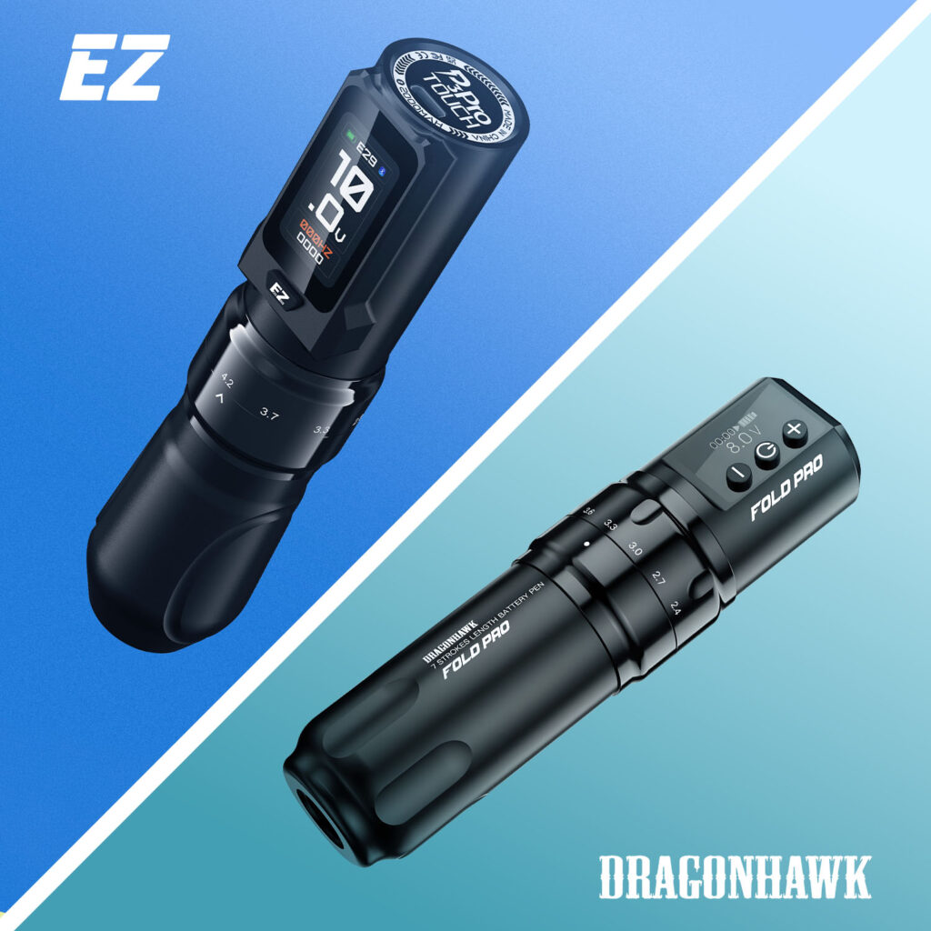 Die EZ P3 Pro Touch und die Dragonhawk Fold Pro Tattoo-Pen-Maschine.